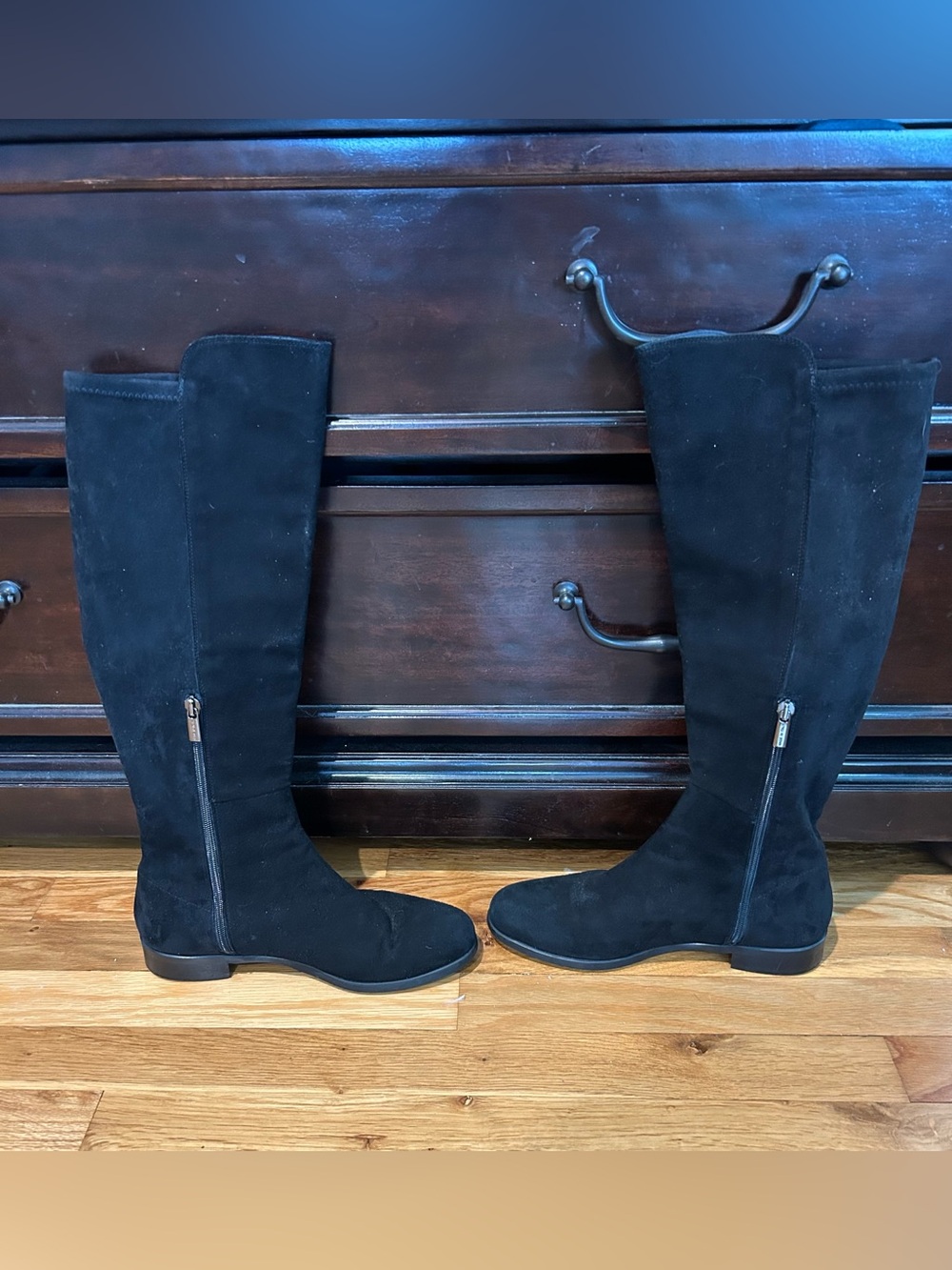Classic Italian Made Black Suede Over-the-Knee Boots with Side Zip